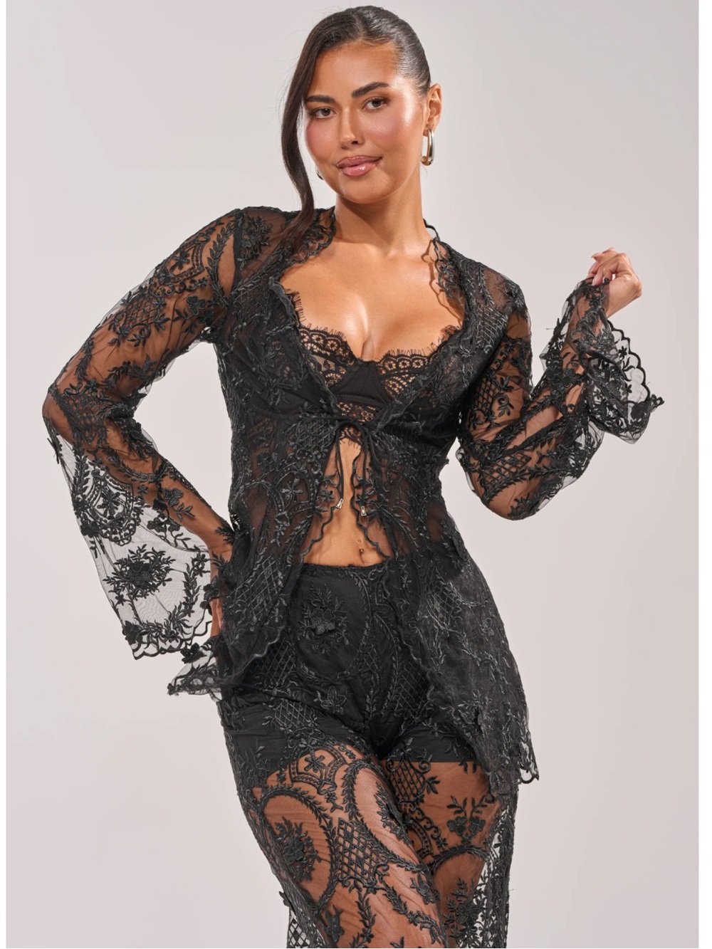 AKIRA Black Sheer Lace Tie Front Bell Sleeve Top NWT Small